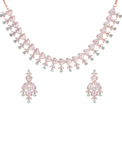 Saraf RS Jewellery Rose Gold-Polished White & Sea Green AD-Studded Handcrafted Jewellery Set