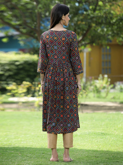 Juniper Black Rayon Festive Printed Flared Kurta For Women