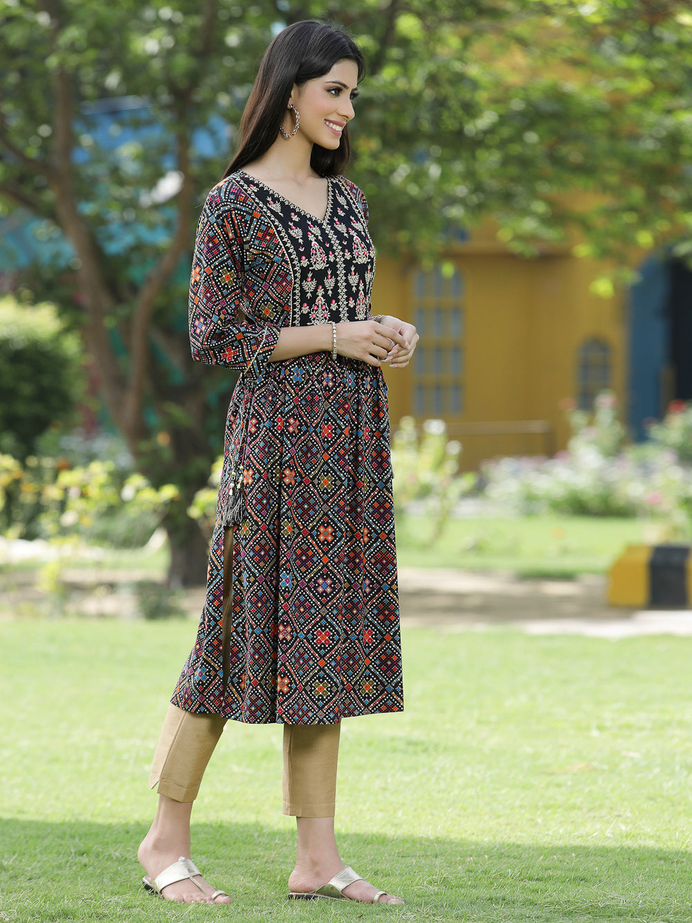 Juniper Black Rayon Festive Printed Flared Kurta For Women