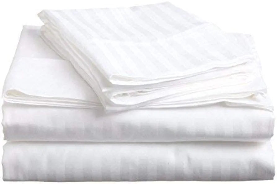 Trance Home Linen 100% Cotton 400 Thread Count Satin Striped Elasticated Fitted Bedsheet with 2 Pillow Covers  Colour White Striped