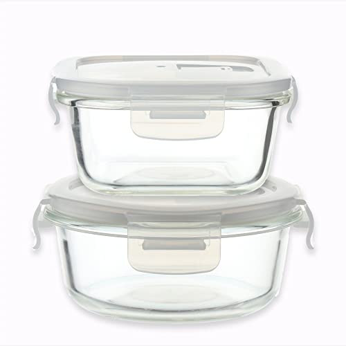 Femora Borosilicate Glass Storage Containers for Kitchen With Air-tight Lids | Set of 2 | 300 Ml Square & 380 Ml Round | Clear