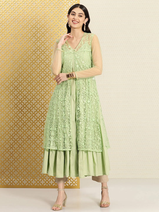 House of Pataudi Women Pure Cotton Pastels Jashn Kurta With Net Over Coat