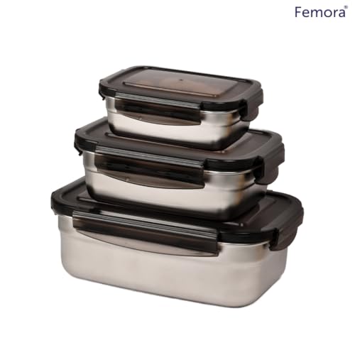 Femora High Stainless Steel Rectangular Container, Leakproof Airtight Lid | 350 Ml, 550 Ml, 850 Ml | Pack of 3 | Silver