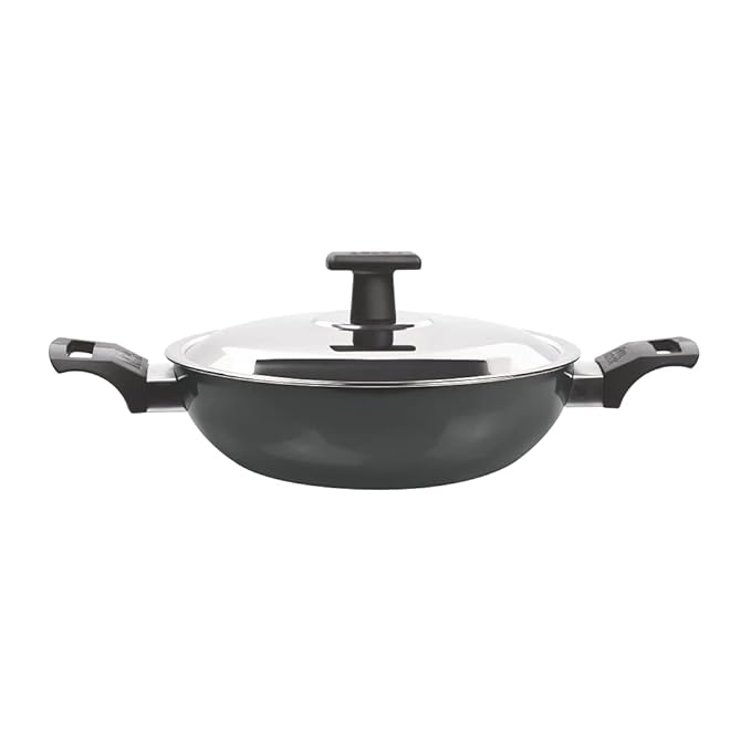 Milton Pro Cook Hard Anodized Kadhai With Stainless Steel Lid, 24 Cm / 2.8 Litre - 1255 gms