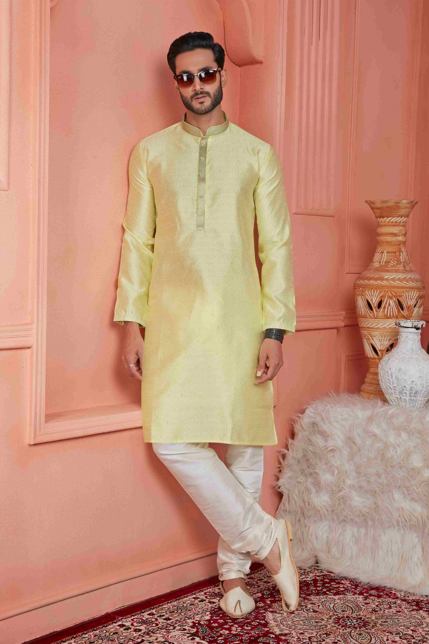 Raivat Ethnic Jacquard Banarasi Silk Pintux Work Kurta Pajama In Yellow Colour