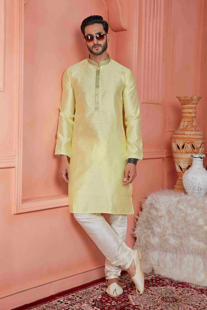 Raivat Ethnic Jacquard Banarasi Silk Pintux Work Kurta Pajama In Yellow Colour
