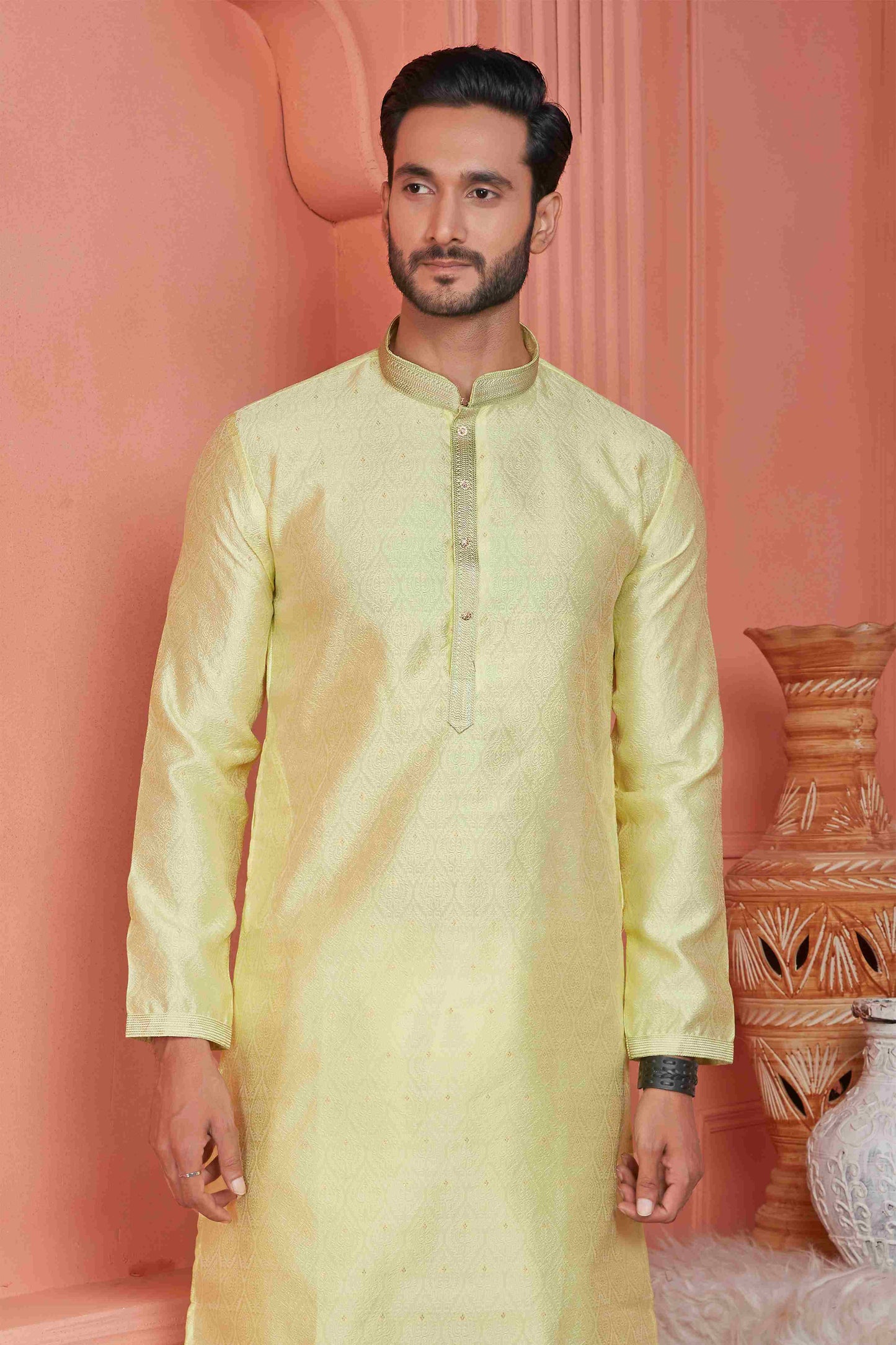 Raivat Ethnic Jacquard Banarasi Silk Pintux Work Kurta Pajama In Yellow Colour