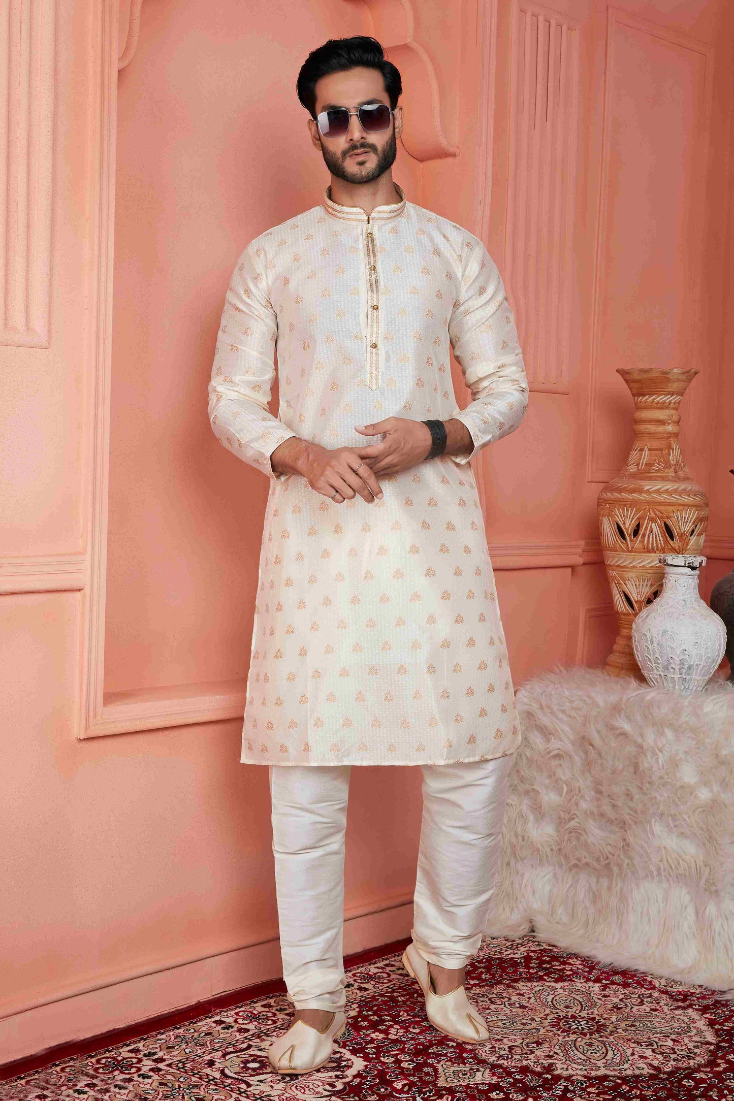 Raivat Ethnic Jacquard Banarasi Silk Pintux Work Kurta Pajama In Cream Colour