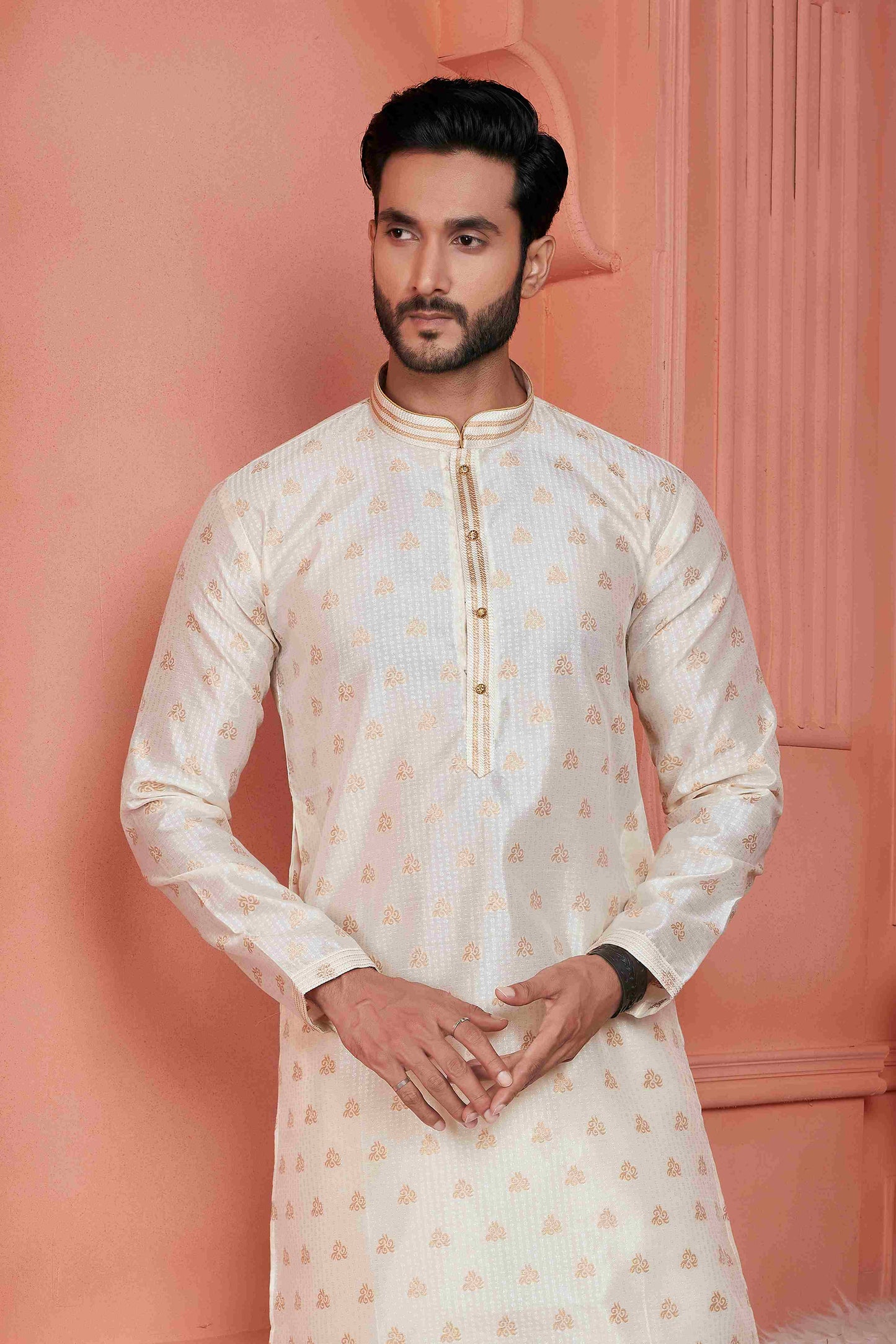 Raivat Ethnic Jacquard Banarasi Silk Pintux Work Kurta Pajama In Cream Colour
