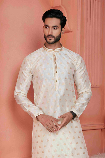 Raivat Ethnic Jacquard Banarasi Silk Pintux Work Kurta Pajama In Cream Colour