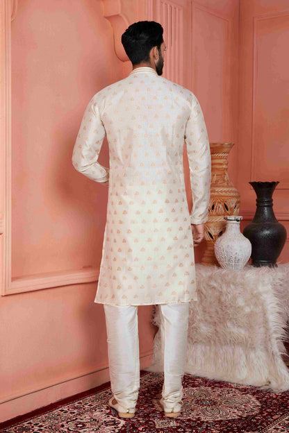 Raivat Ethnic Jacquard Banarasi Silk Pintux Work Kurta Pajama In Cream Colour