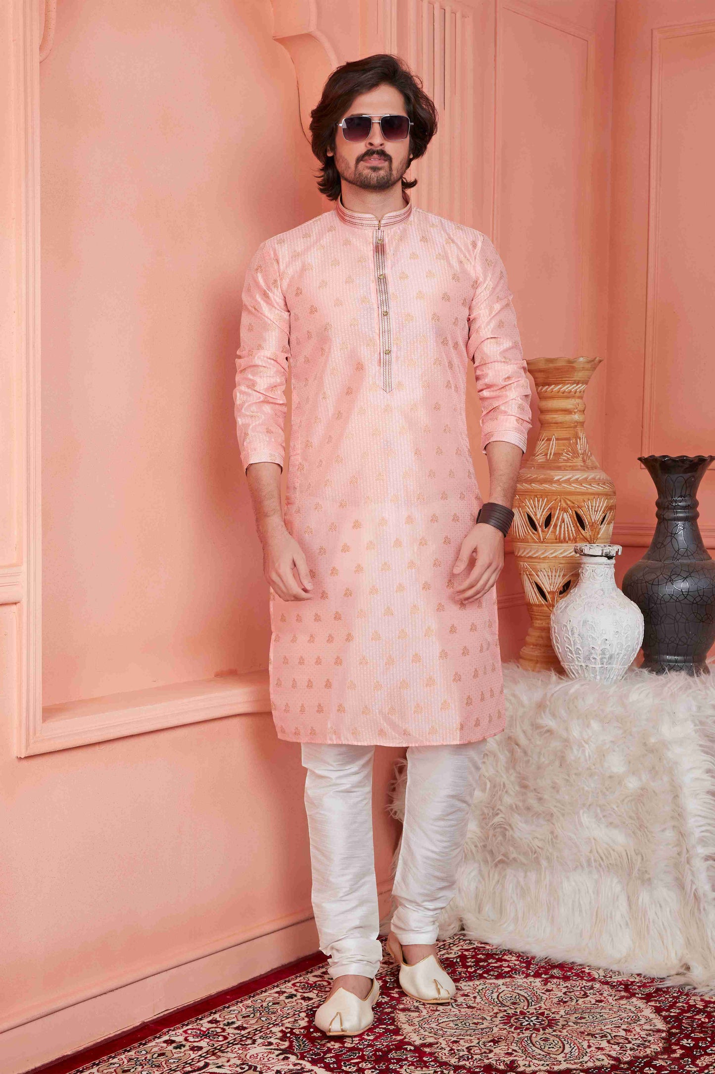 Raivat Ethnic Jacquard Banarasi Silk Pintux Work Kurta Pajama In Peach Colour