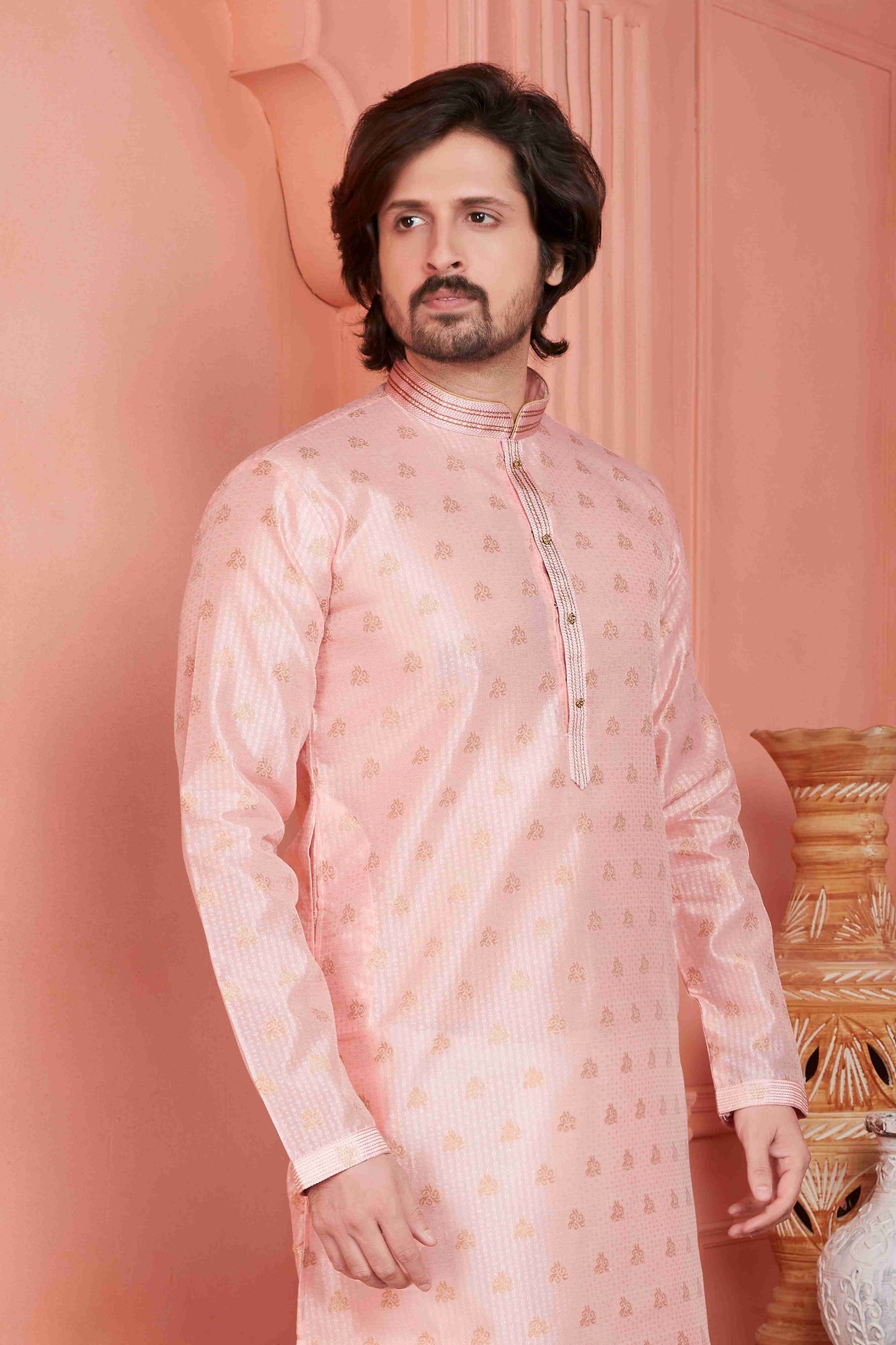 Raivat Ethnic Jacquard Banarasi Silk Pintux Work Kurta Pajama In Peach Colour