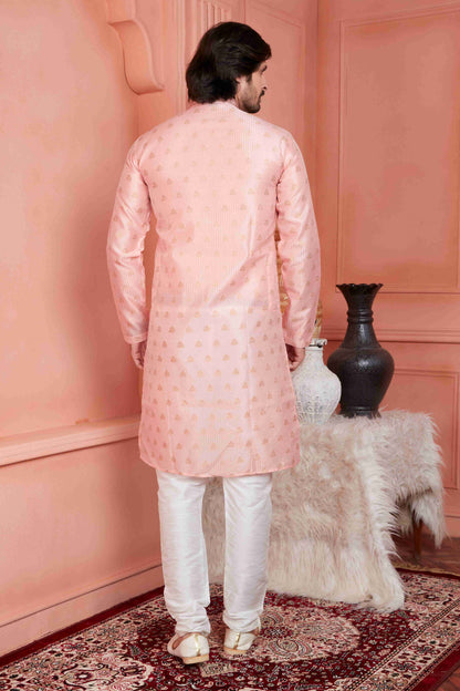 Raivat Ethnic Jacquard Banarasi Silk Pintux Work Kurta Pajama In Peach Colour