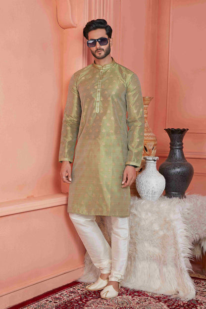 Raivat Ethnic Jacquard Banarasi Silk Pintux Work Kurta Pajama In Green Colour