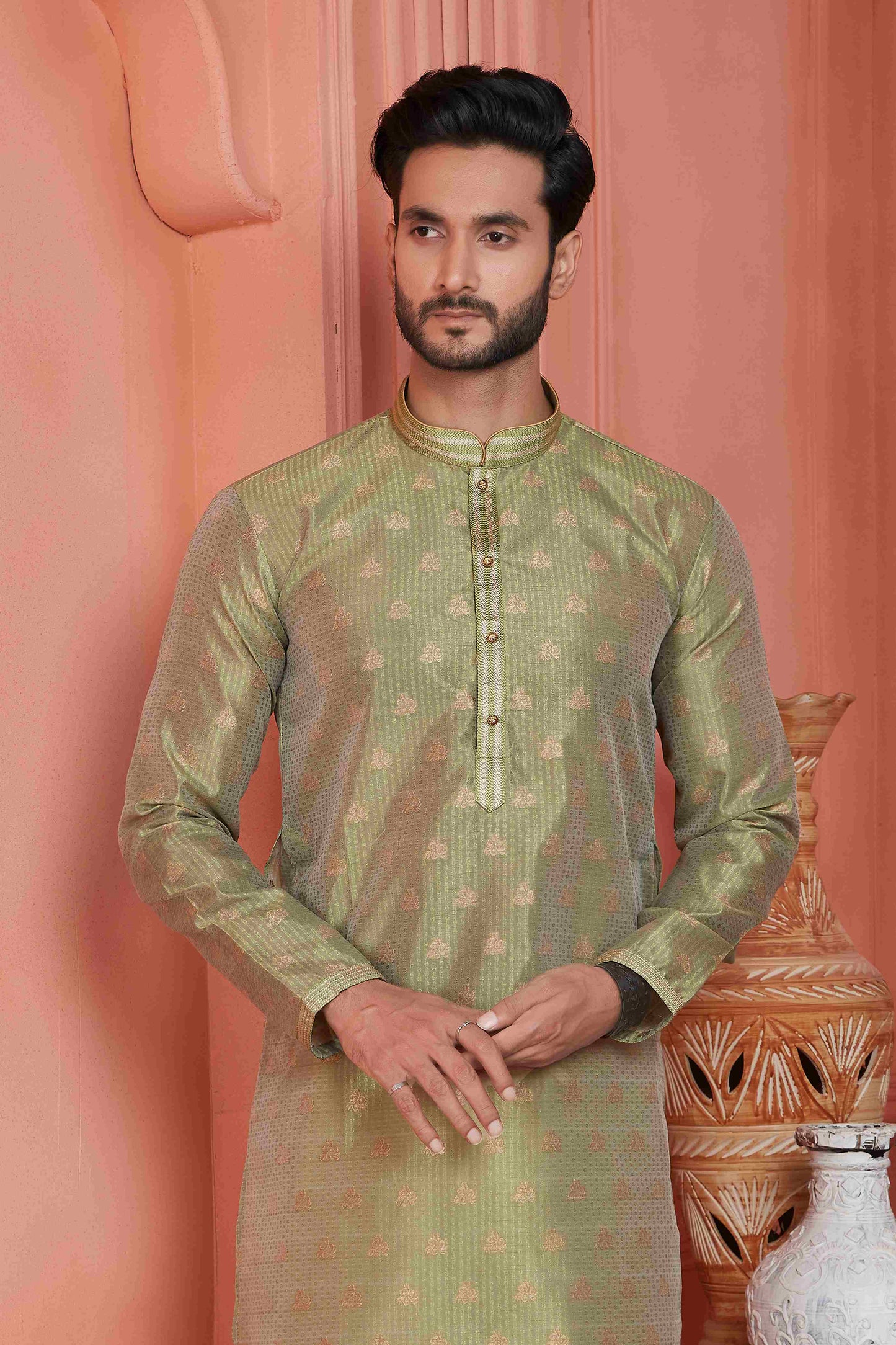 Raivat Ethnic Jacquard Banarasi Silk Pintux Work Kurta Pajama In Green Colour