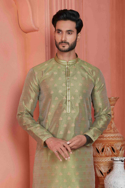 Raivat Ethnic Jacquard Banarasi Silk Pintux Work Kurta Pajama In Green Colour
