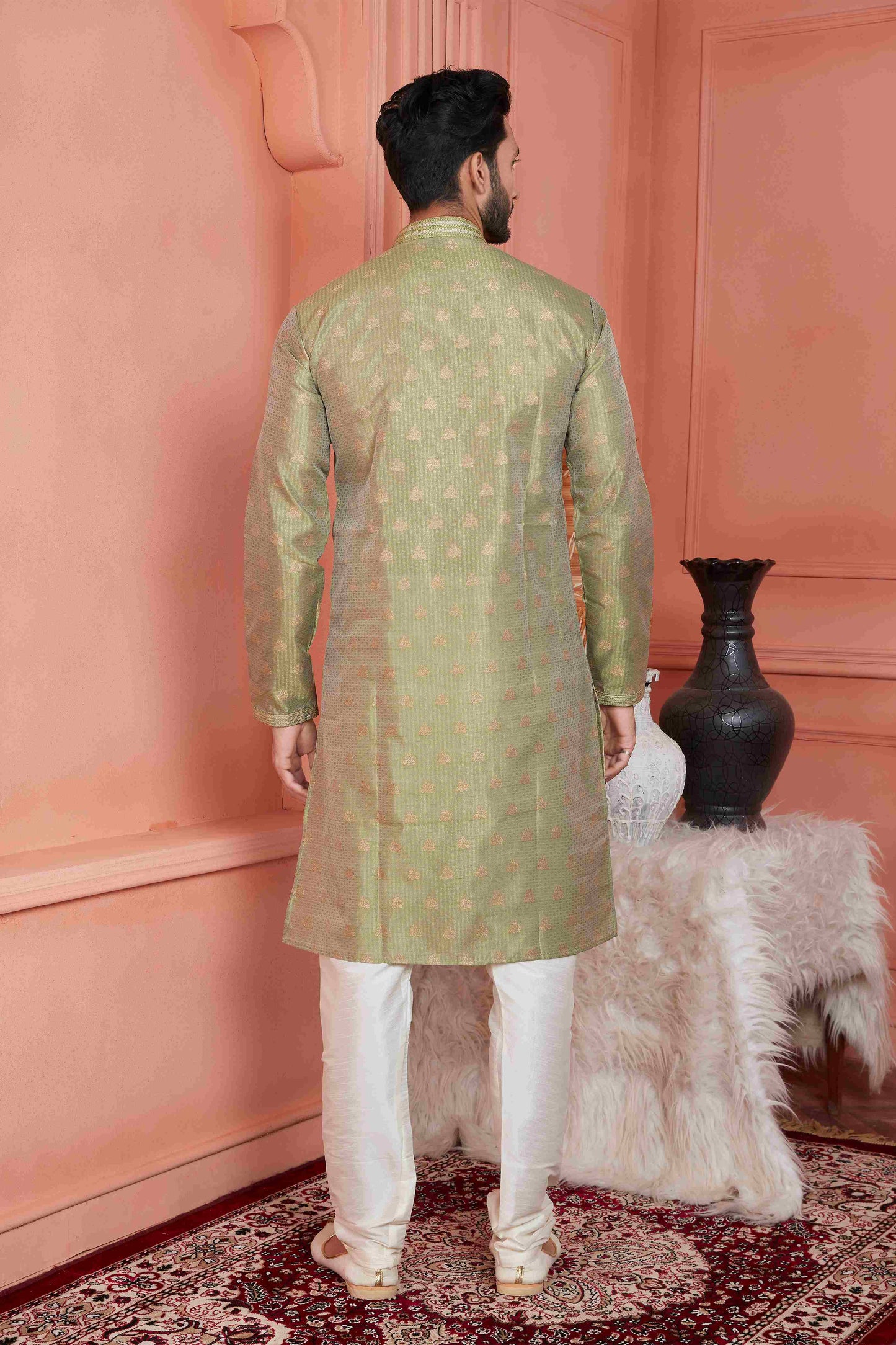 Raivat Ethnic Jacquard Banarasi Silk Pintux Work Kurta Pajama In Green Colour