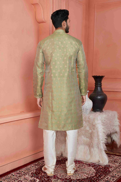 Raivat Ethnic Jacquard Banarasi Silk Pintux Work Kurta Pajama In Green Colour