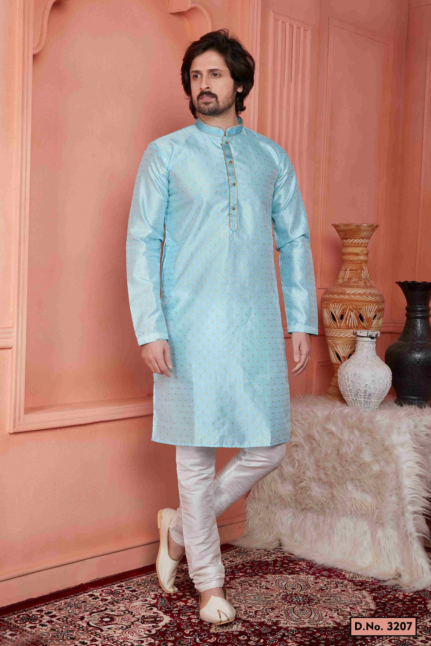 Raivat Ethnic Jacquard Banarasi Silk Pintux Work Kurta Pajama In Sky Blue Colour