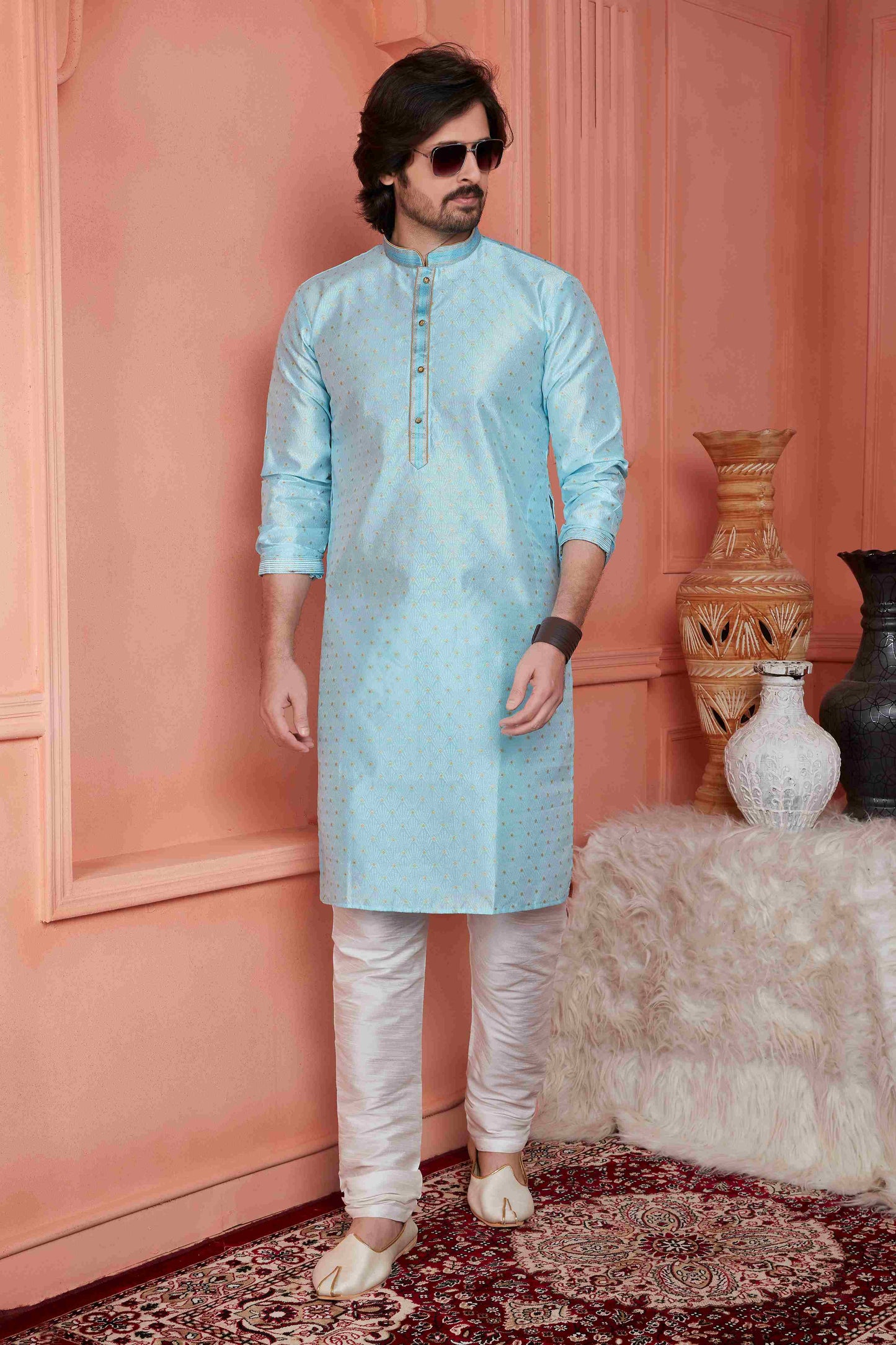 Raivat Ethnic Jacquard Banarasi Silk Pintux Work Kurta Pajama In Sky Blue Colour