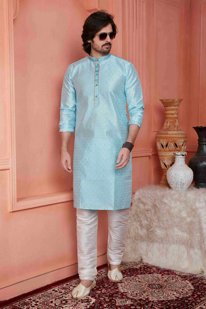 Raivat Ethnic Jacquard Banarasi Silk Pintux Work Kurta Pajama In Sky Blue Colour