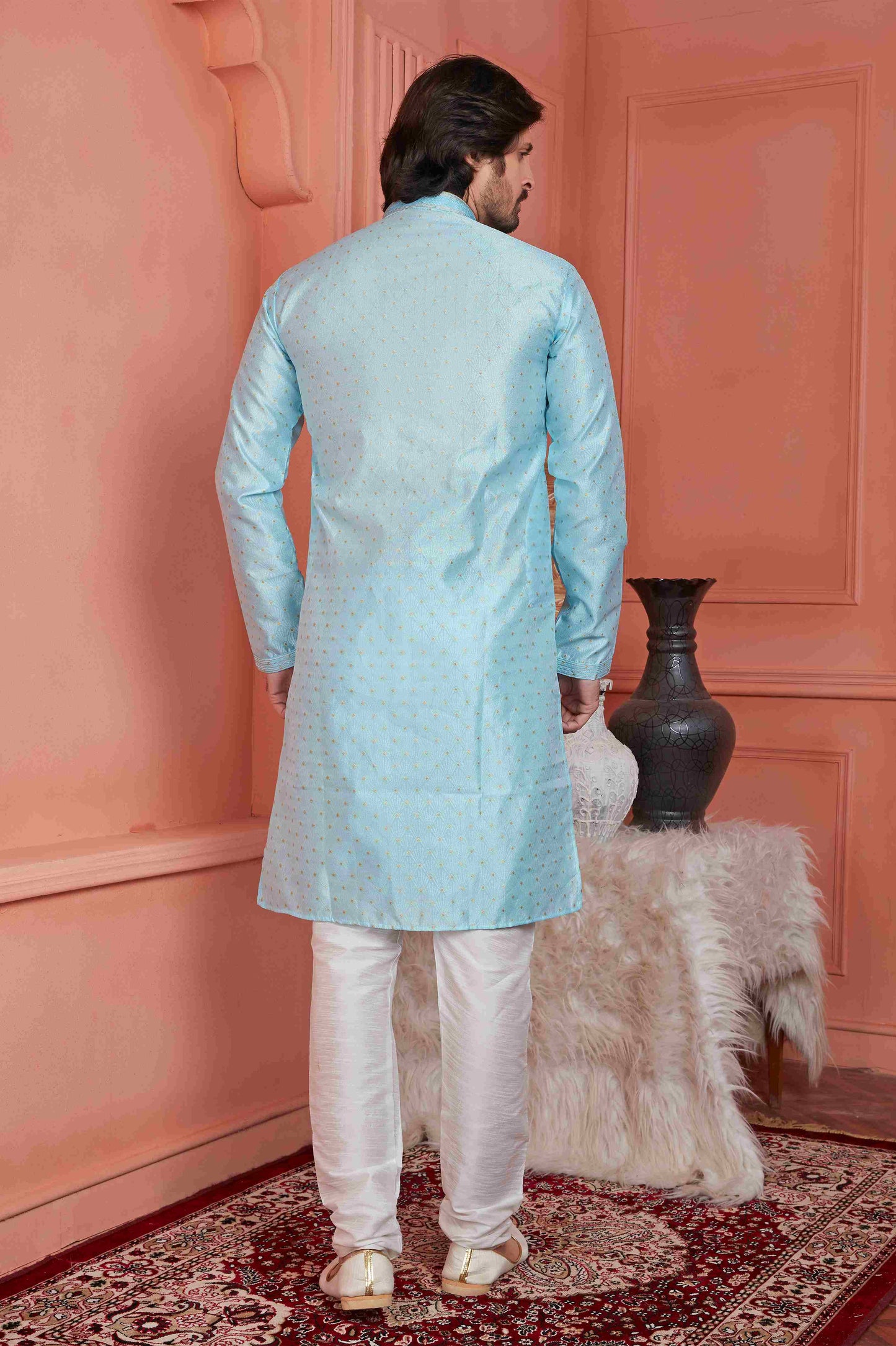 Raivat Ethnic Jacquard Banarasi Silk Pintux Work Kurta Pajama In Sky Blue Colour