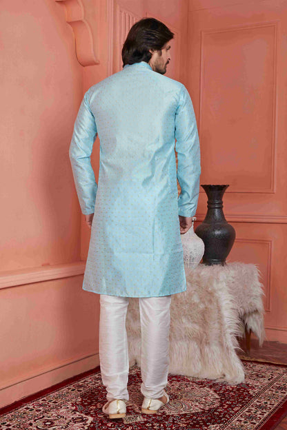 Raivat Ethnic Jacquard Banarasi Silk Pintux Work Kurta Pajama In Sky Blue Colour