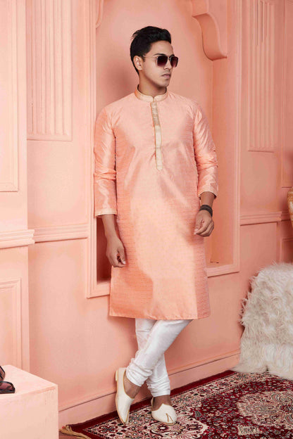 Raivat Ethnic Jacquard Banarasi Silk Pintux Work Kurta Pajama In Peach Colour