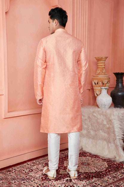 Raivat Ethnic Jacquard Banarasi Silk Pintux Work Kurta Pajama In Peach Colour