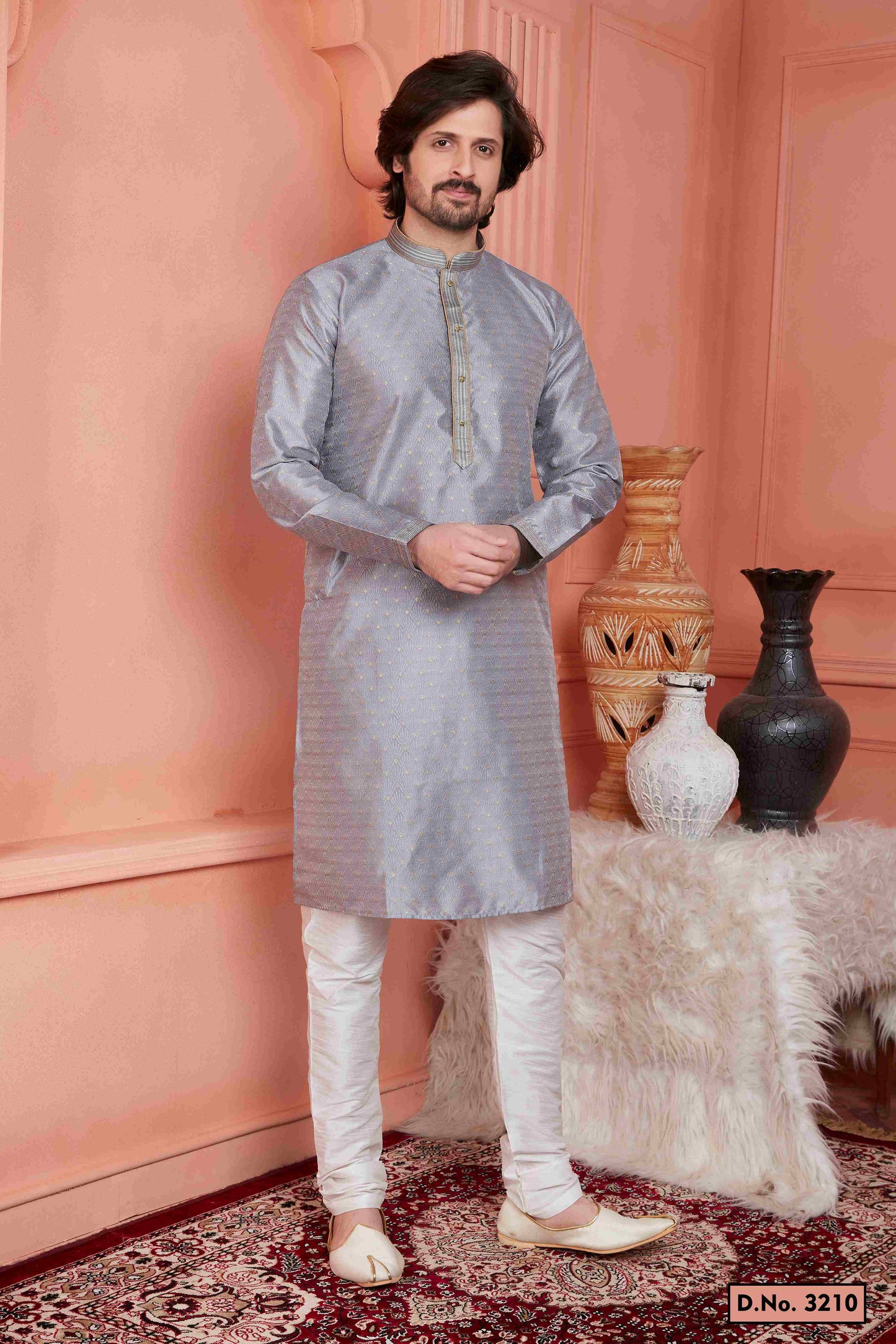 Raivat Ethnic Jacquard Banarasi Silk Pintux Work Kurta Pajama In Grey Colour