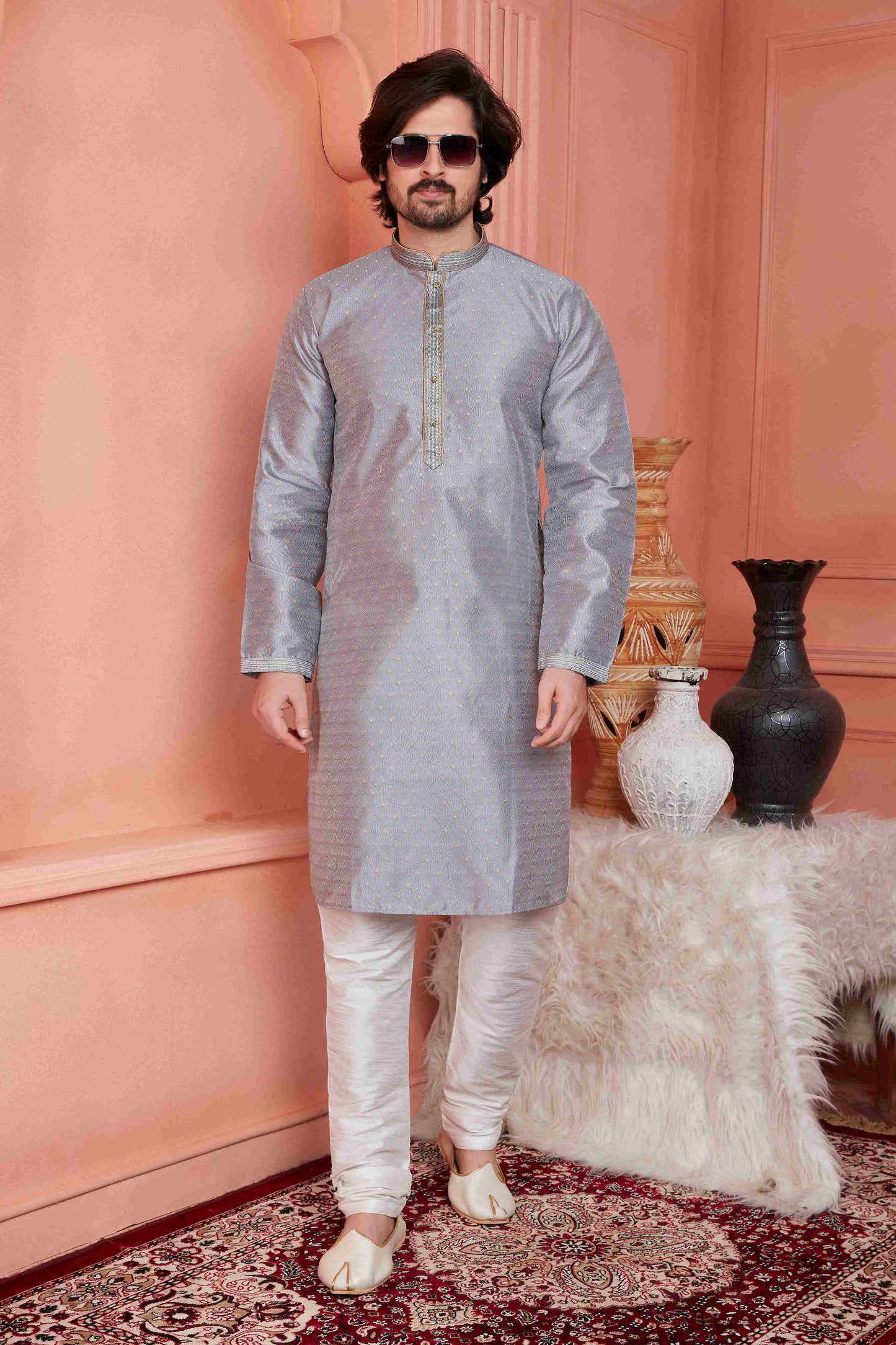 Raivat Ethnic Jacquard Banarasi Silk Pintux Work Kurta Pajama In Grey Colour