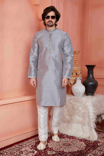 Raivat Ethnic Jacquard Banarasi Silk Pintux Work Kurta Pajama In Grey Colour