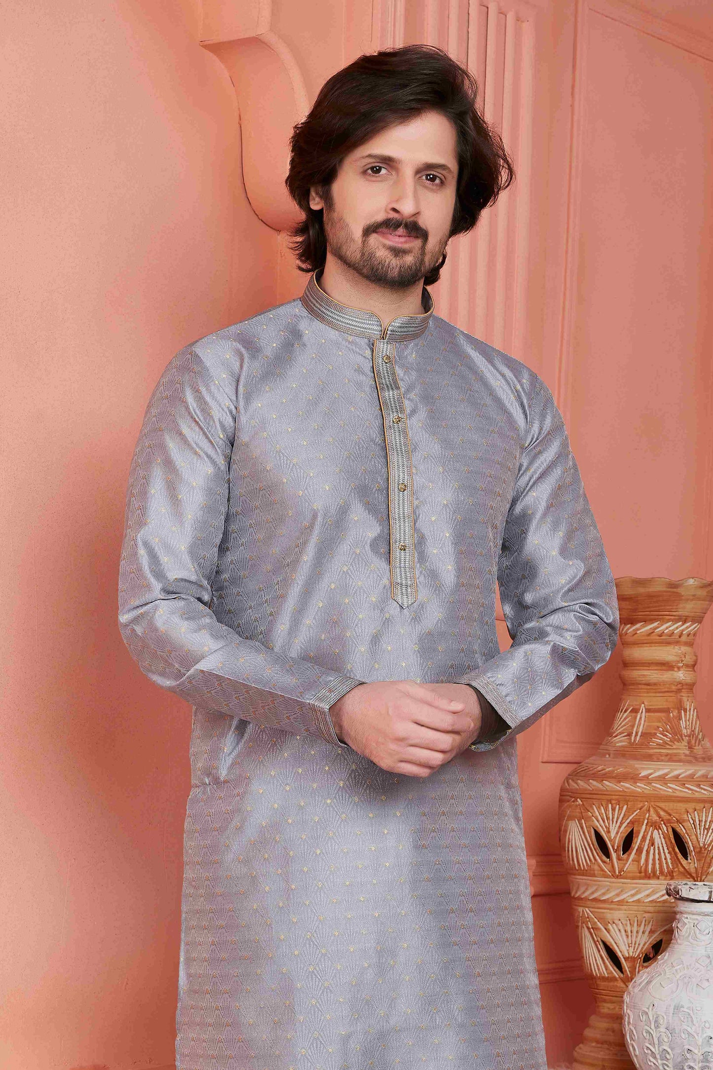 Raivat Ethnic Jacquard Banarasi Silk Pintux Work Kurta Pajama In Grey Colour