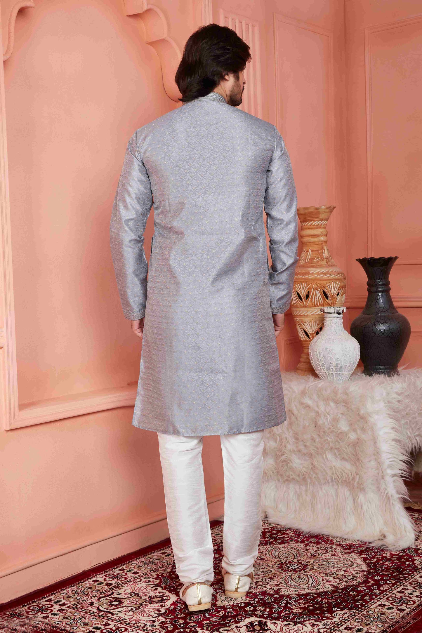 Raivat Ethnic Jacquard Banarasi Silk Pintux Work Kurta Pajama In Grey Colour