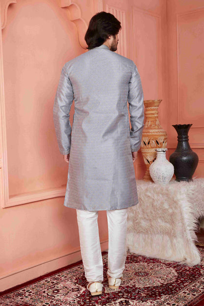 Raivat Ethnic Jacquard Banarasi Silk Pintux Work Kurta Pajama In Grey Colour