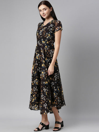 Souchii Women Black Floral Chiffon Maxi Dress