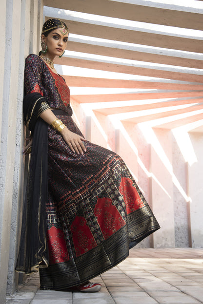 Juniper Black Dull Satin Festive Printed Crop Choli-Skirt Dupatta For Women