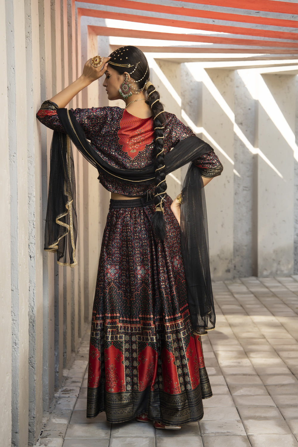 Juniper Black Dull Satin Festive Printed Crop Choli-Skirt Dupatta For Women