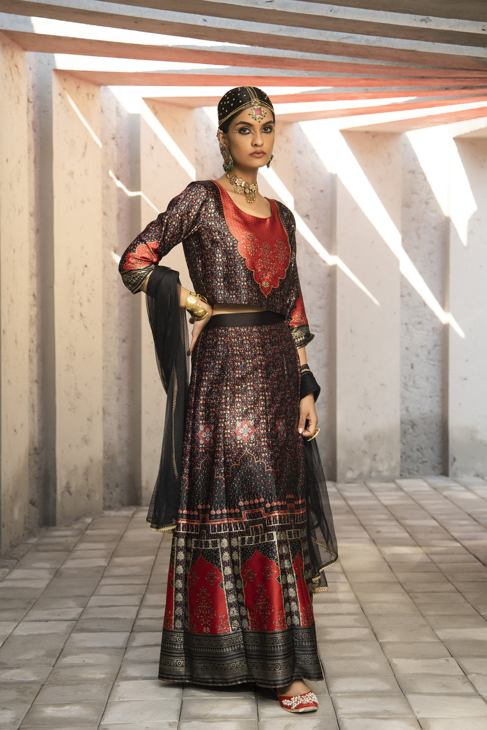 Juniper Black Dull Satin Festive Printed Crop Choli-Skirt Dupatta For Women