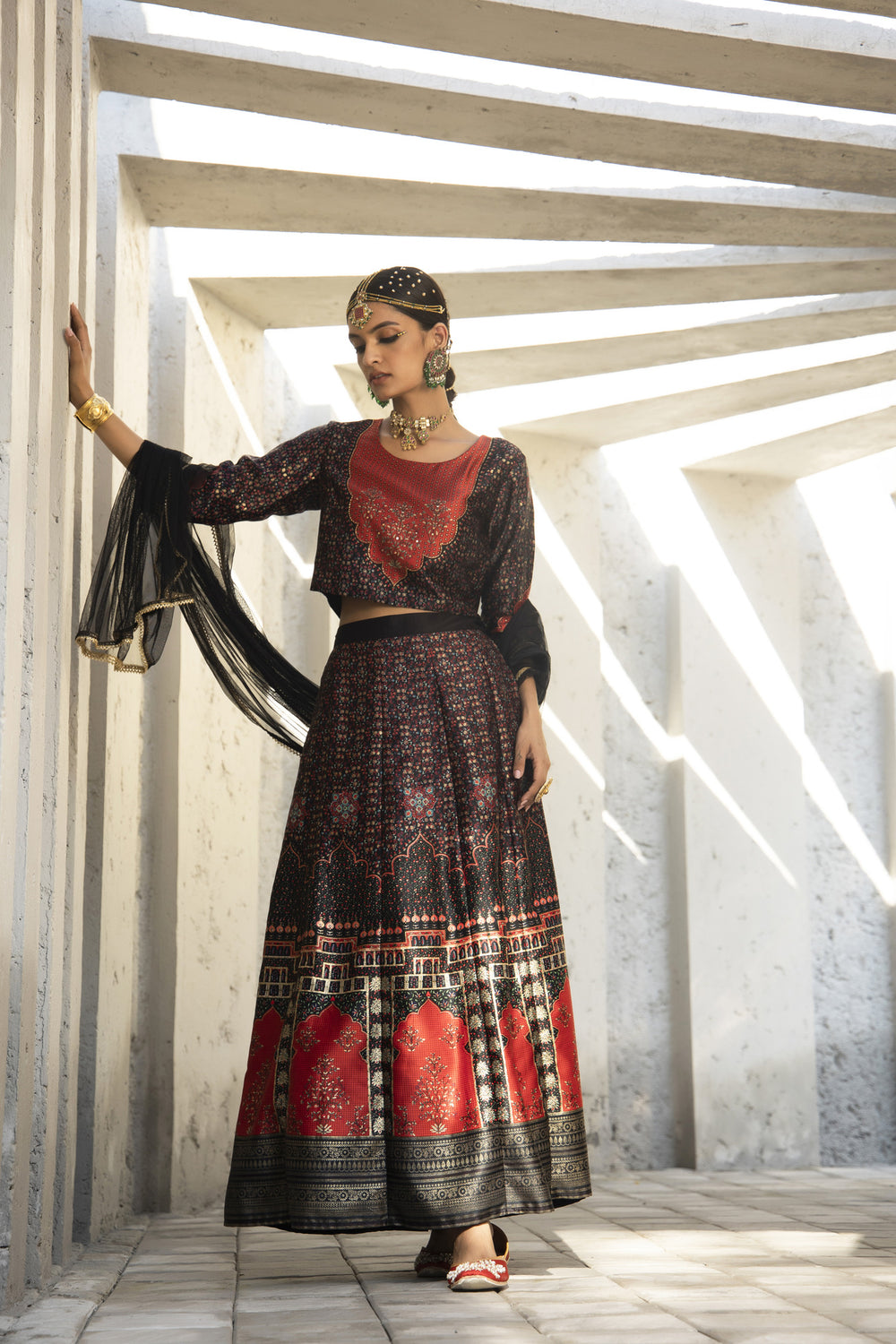 Juniper Black Dull Satin Festive Printed Crop Choli-Skirt Dupatta For Women