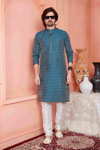 Raivat Ethnic Jacquard Banarasi Silk Pintux Work Kurta Pajama In Blue Colour