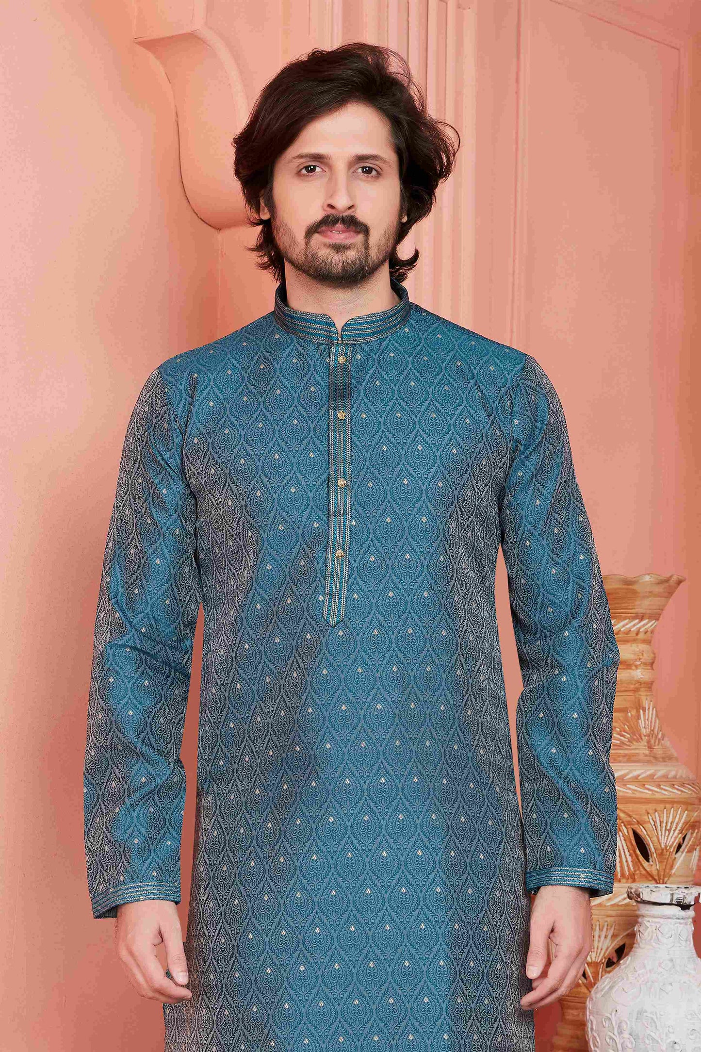 Raivat Ethnic Jacquard Banarasi Silk Pintux Work Kurta Pajama In Blue Colour