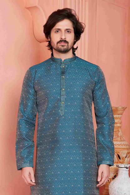 Raivat Ethnic Jacquard Banarasi Silk Pintux Work Kurta Pajama In Blue Colour