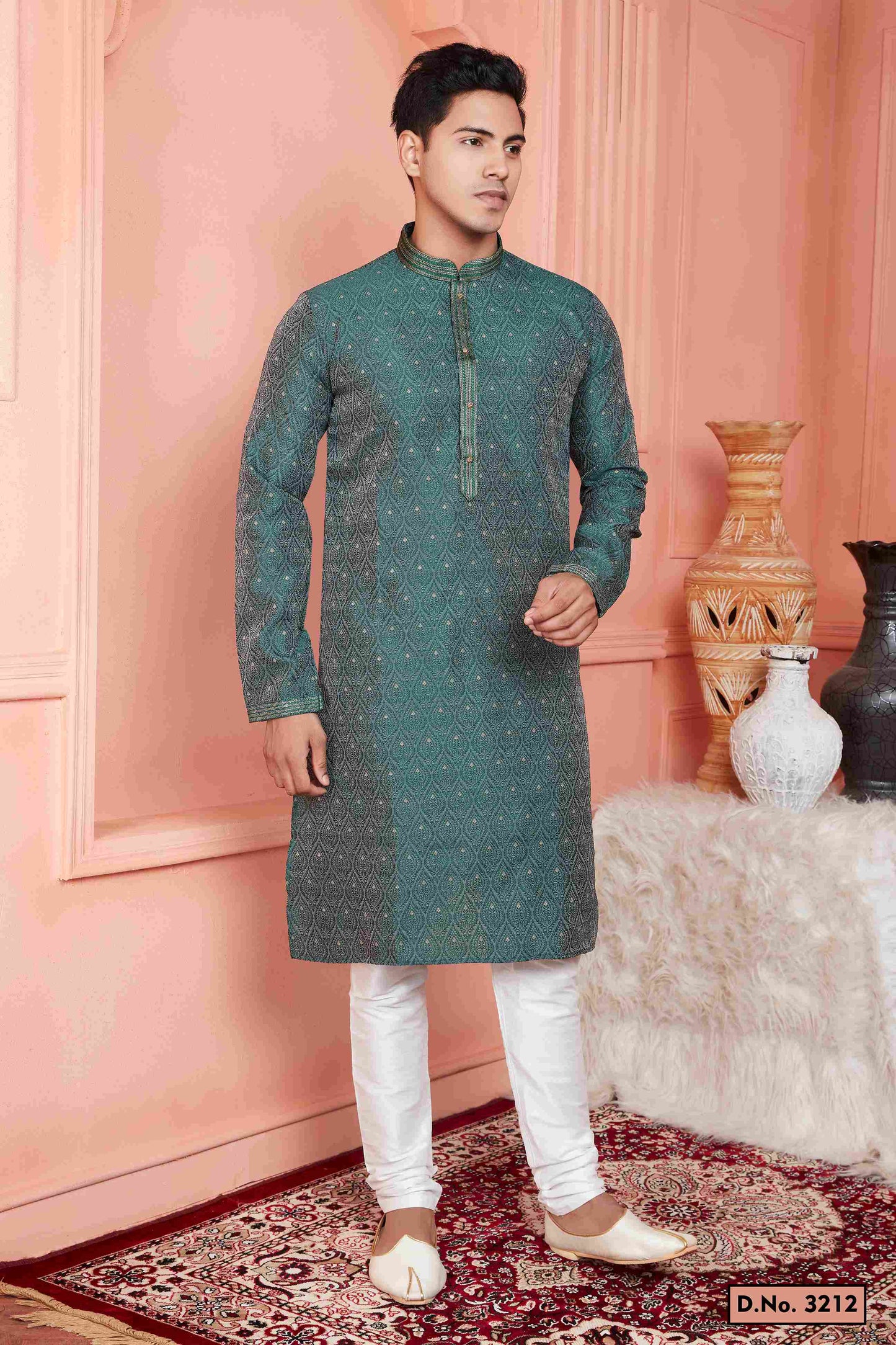 Raivat Ethnic Jacquard Banarasi Silk Pintux Work Kurta Pajama In Green Colour