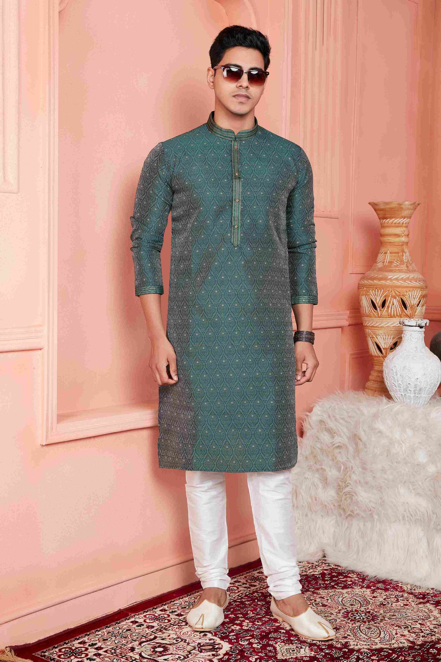Raivat Ethnic Jacquard Banarasi Silk Pintux Work Kurta Pajama In Green Colour