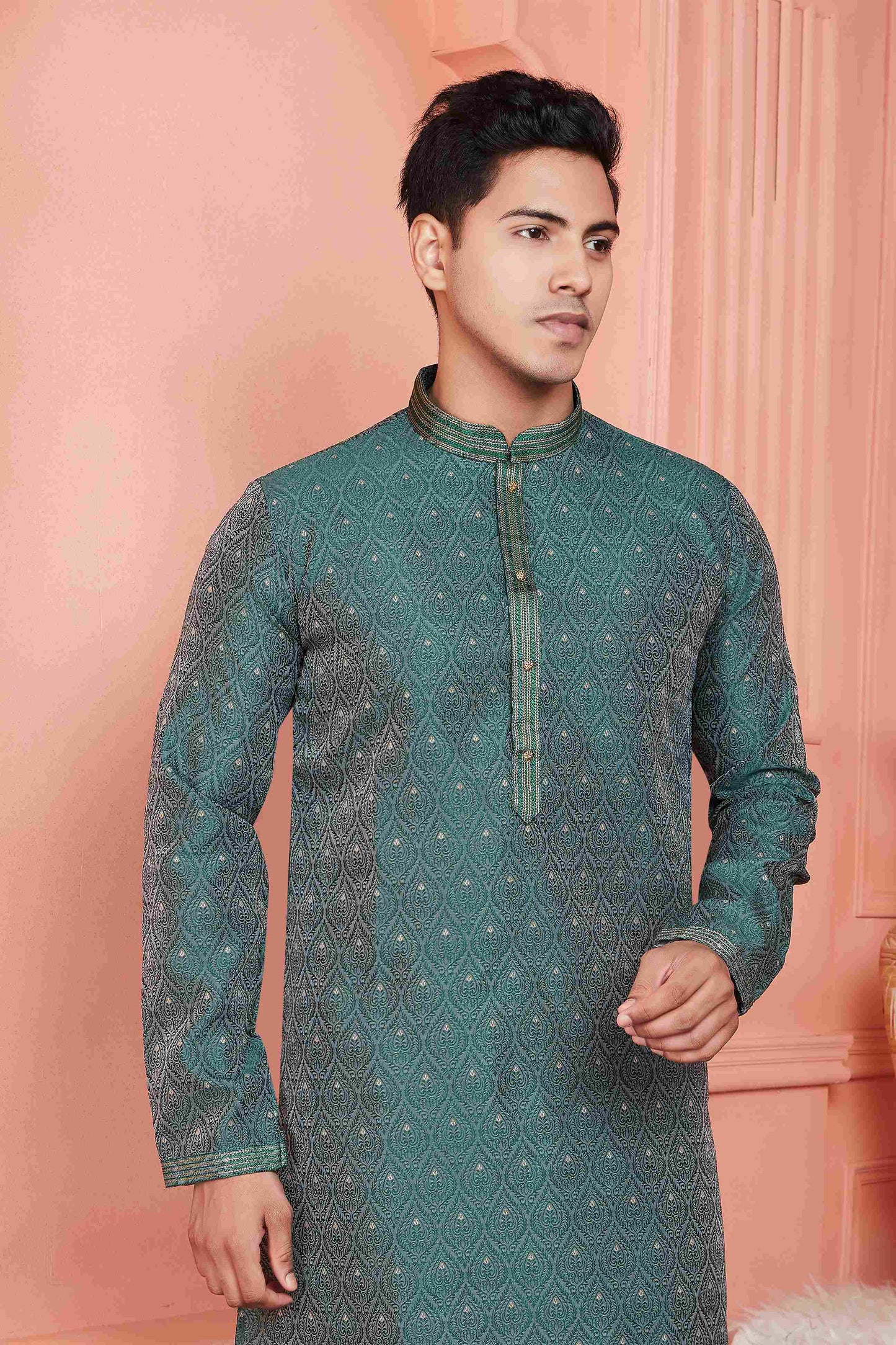 Raivat Ethnic Jacquard Banarasi Silk Pintux Work Kurta Pajama In Green Colour