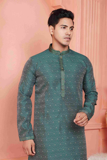 Raivat Ethnic Jacquard Banarasi Silk Pintux Work Kurta Pajama In Green Colour