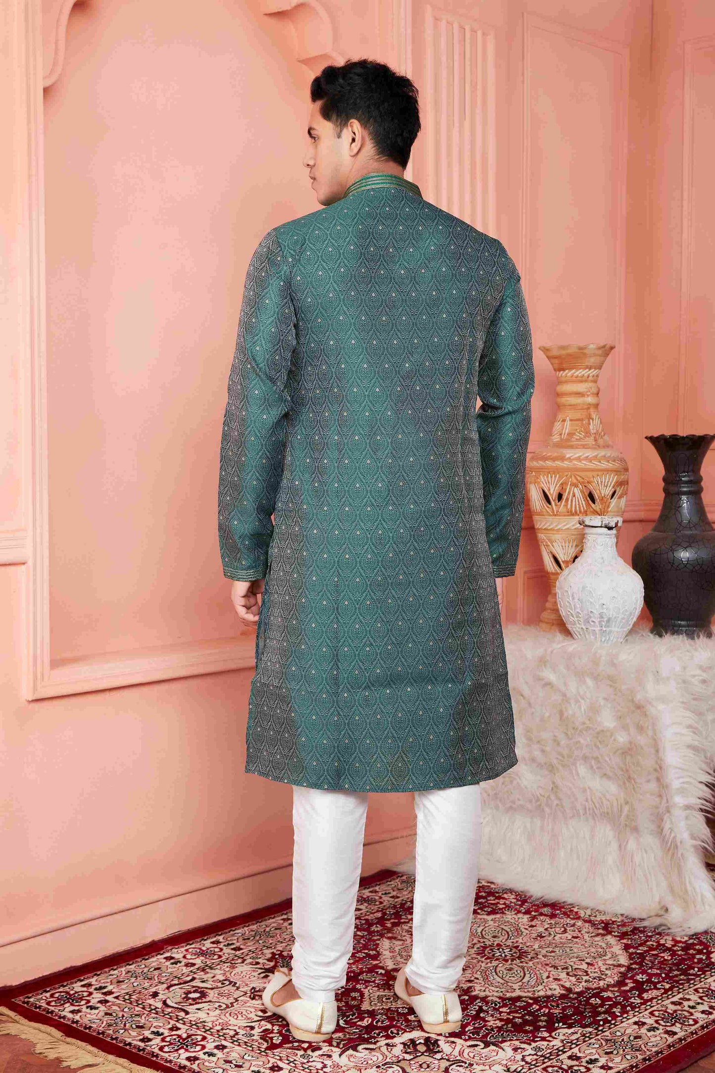 Raivat Ethnic Jacquard Banarasi Silk Pintux Work Kurta Pajama In Green Colour