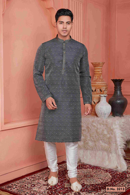 Raivat Ethnic Jacquard Banarasi Silk Pintux Work Kurta Pajama In Grey Colour